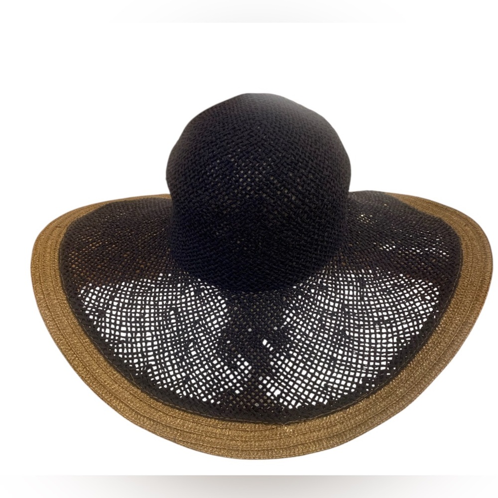 Big Buddah Wide Brim Sun Hat Summer Beach Navy Blue Gold Open Weave Paper Straw